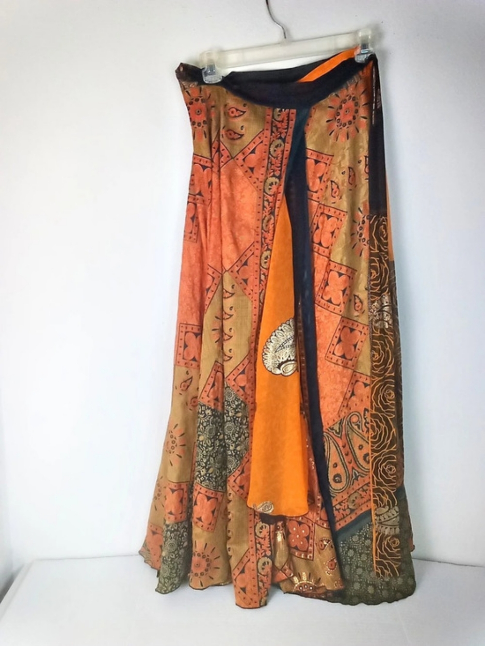 Sari Silk Paisley Maxi Wrap Skirt in Orange Gold Brown Boho Hippie Artsy